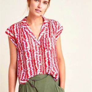 Anthropologie Red Floral Blouse (short sleeve button down)